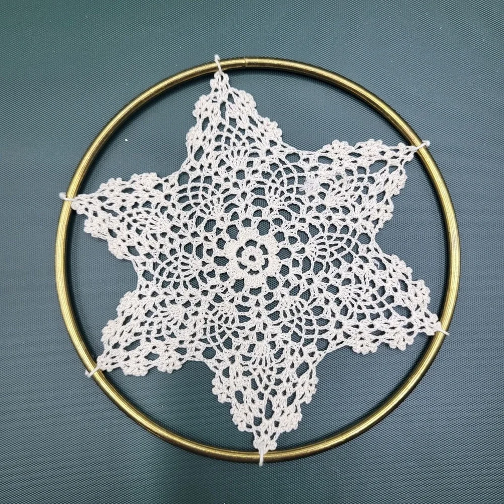 Vintage Crochet Snowflake Doily Gold Metal Hoop Handmade Lace Wall Art Decor 5